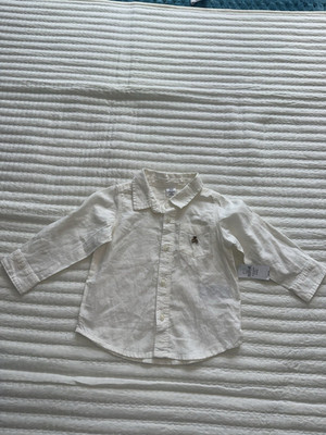 GAP 18-24M White Solid Cotton Pocket Embroidered Bear LS Collared Button-Up NWT