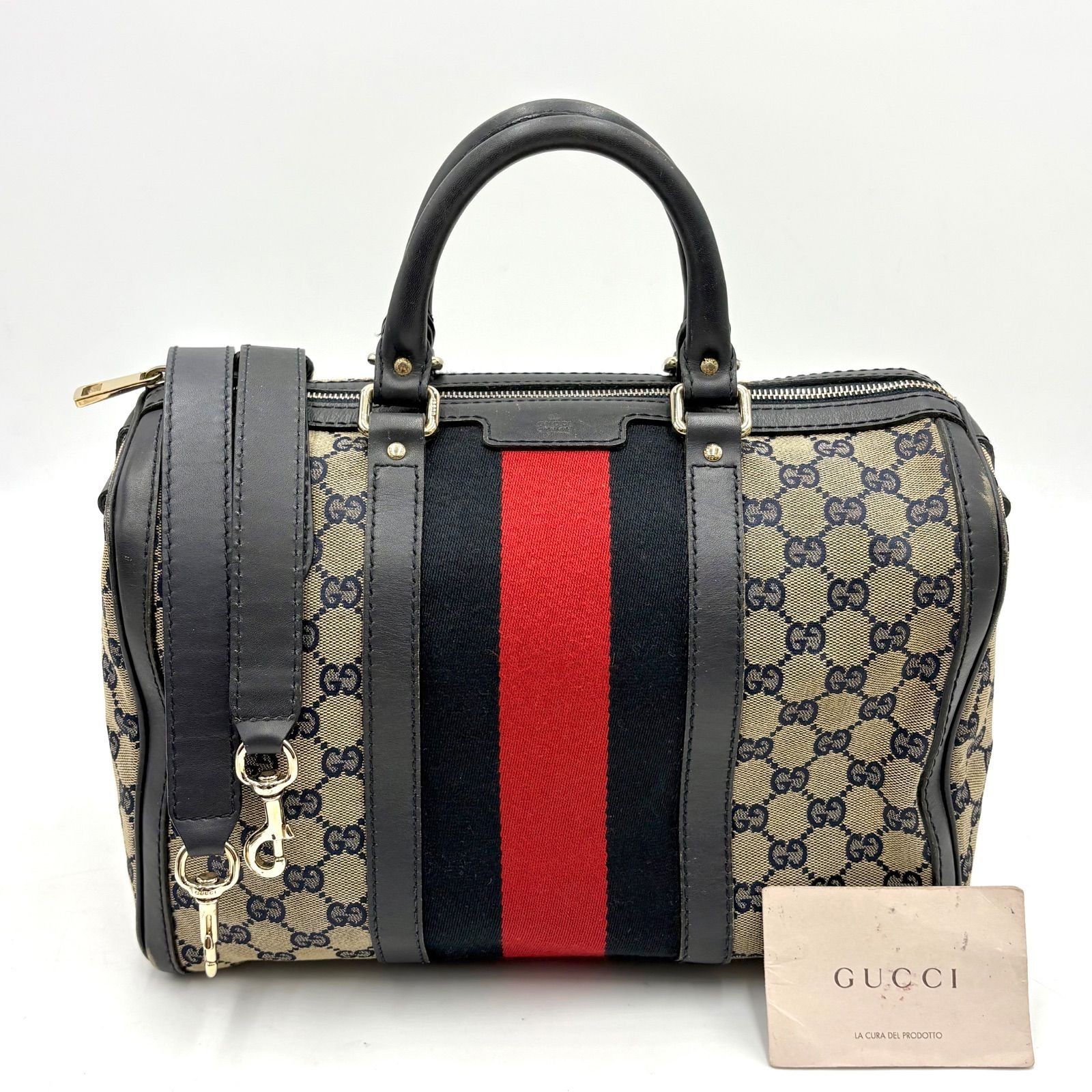GUCCI GG Canvas Mini Boston 2 Way Shoulder Handbag Navy Red Web Stripe Authentic