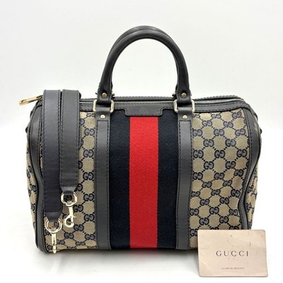 GUCCI GG Canvas Mini Boston 2 Way Shoulder Handbag Navy Red Web Stripe Authentic