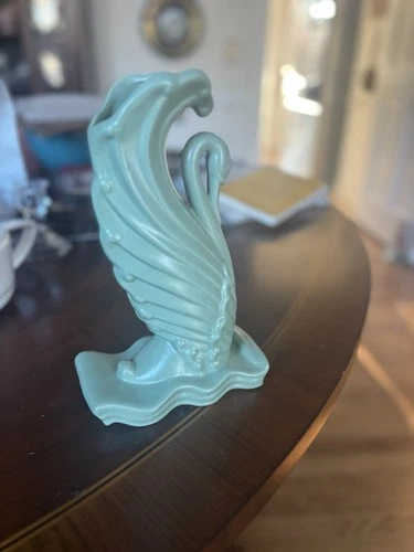 Vintage Royal Haeger Pottery Swan Vase Matte Green Mid Century 9.5”