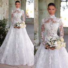 Vintage A-Line Wedding Dresses High Neck Long Sleeves Lace Applique Bridal Gowns
