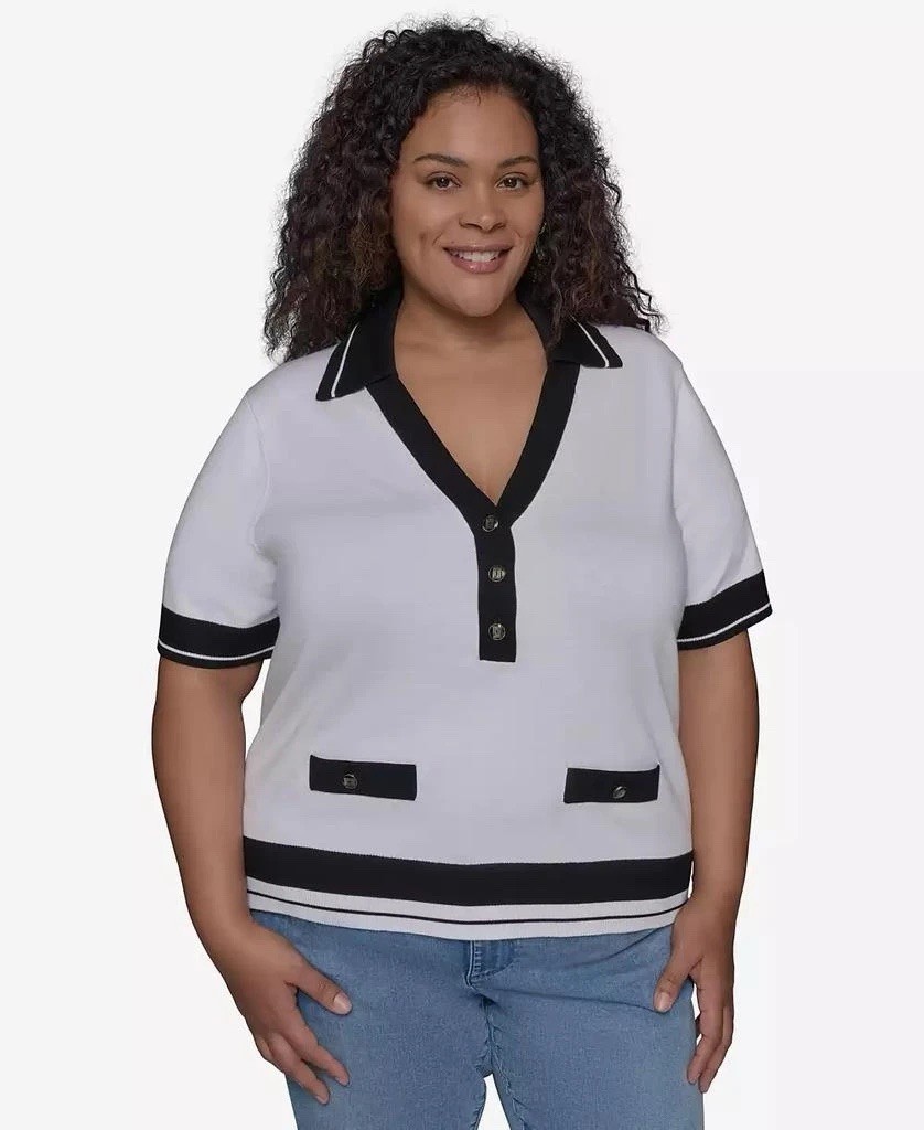 Karl Lagerfeld Paris Plus Size Short Sleeve Polo Sweater 2X White Black Knit NWT