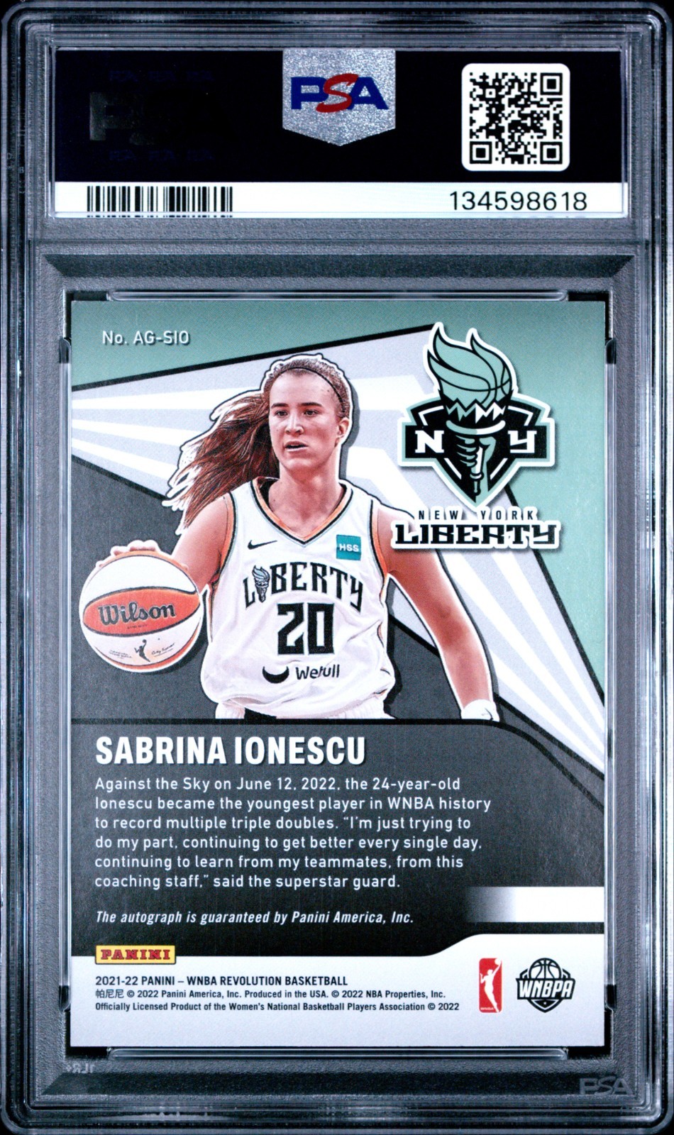 2022 Panini Revolution WNBA #AGSIO Sabrina Ionescu Signature AUTO PSA 9 view 2