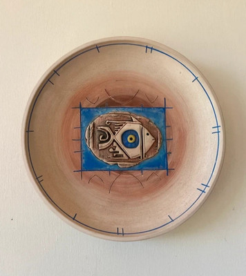 Großer Vintage Keramik Wandteller Hängend 60er 70er Fisch Böser Blick Stil Erdtöne