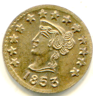 US California gold 1853 1/4 Dollar round gilded token .4 g 10mm lotmay5923