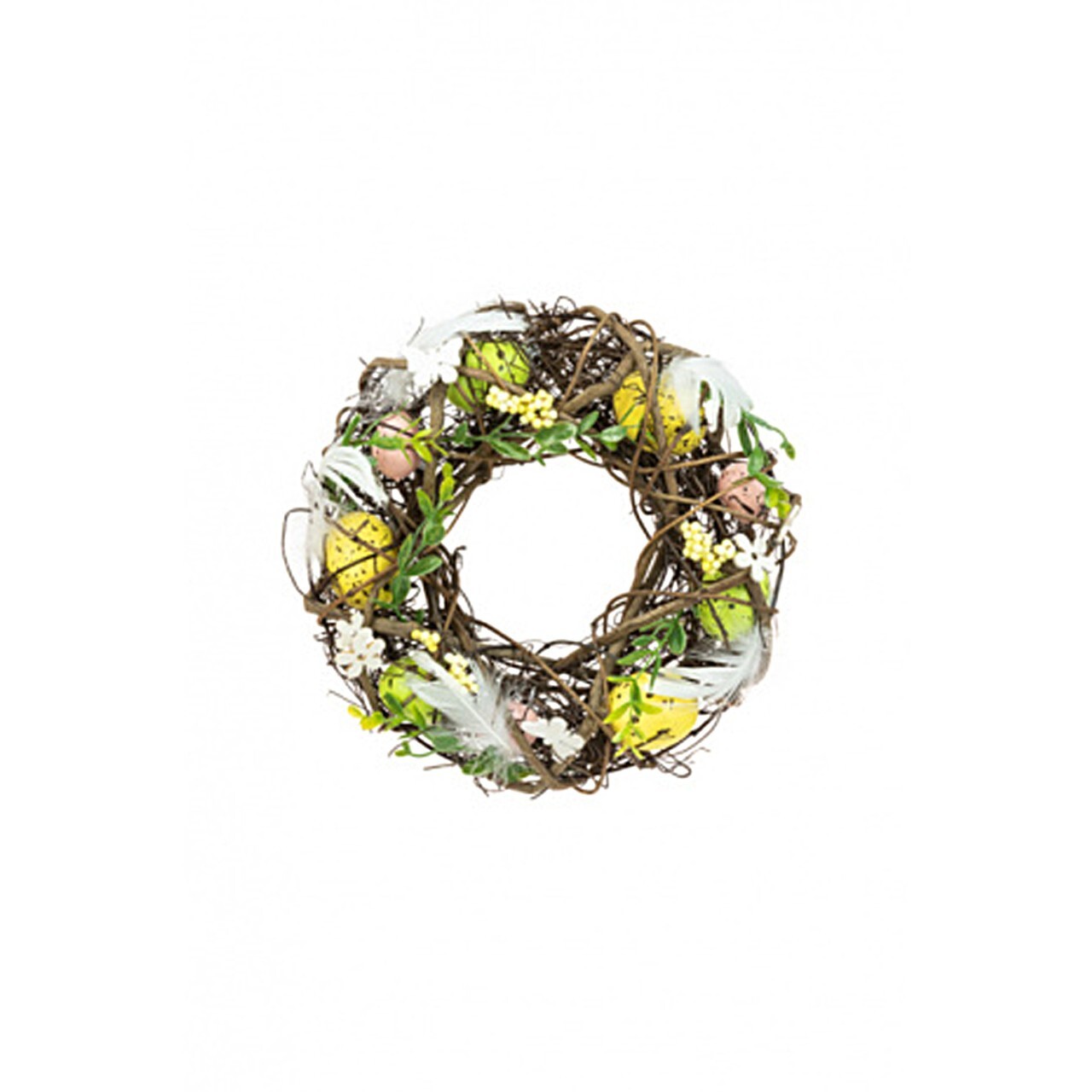 Egg and Feather Twig Wreath with Greenery, Wooden Flower and Butterflies 25cm