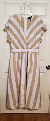 Ashley Stewart Women's Size 18 Dress Maxi Linen Cotton NWT Tan White Stripe