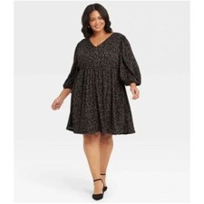 Size 2X 18 20 New Black Floral Print Balloon Sleeve Dress W/Pockets Plus Size