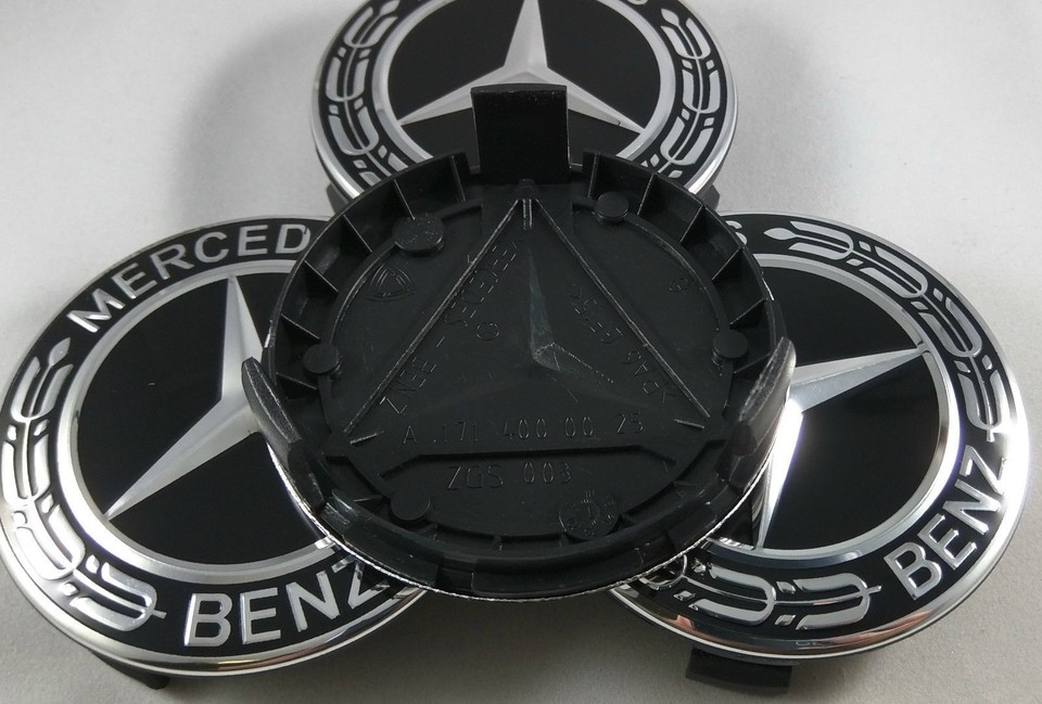 Supplycoxx 4x Silver/Black Wheel Center Caps For Mercedes-Benz - 75mm Emblem Hub Covers