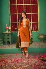 Heavy Pure Chinnon Orange Salwar Kameez With Dupatta For Traditional Wear