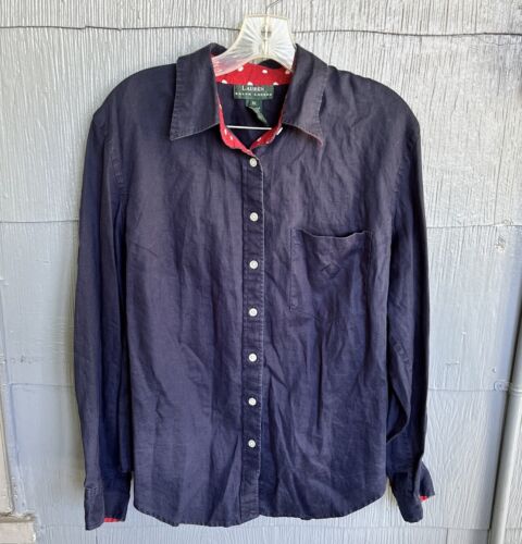Lauren Ralph Lauren Button Up Top Women’s 1X Navy Blue 100% Linen Long Sleeve