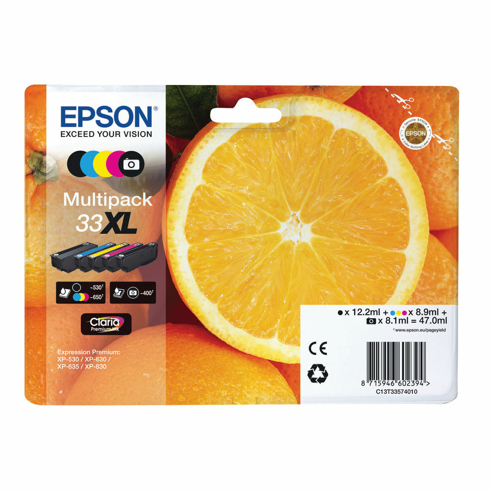 Epson Claria Premium 33XL Ink Cartridge Multi-pack Colour Inkjet C13T33574011 UK