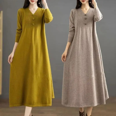 Women Long Knit Dresses New Button V-Neck Patchwork Oversize A-Line Sweater
