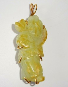 19C Chinese Nephrite Jade Carved 14K Yellow Gold Pendant Boy & Lotus (FeO)#27