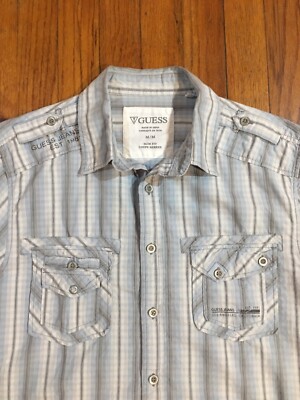 Guess Jeans Men s Slim Fit Snap Button Up Blue Long Sleeve Shirt Size Medium VGC