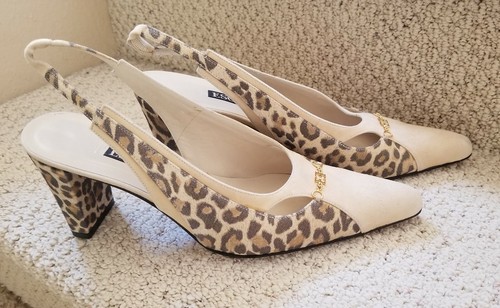 Escada two tone beige & animal print suede leather shoes size 7-1/2B, Italy - Picture 2 of 12