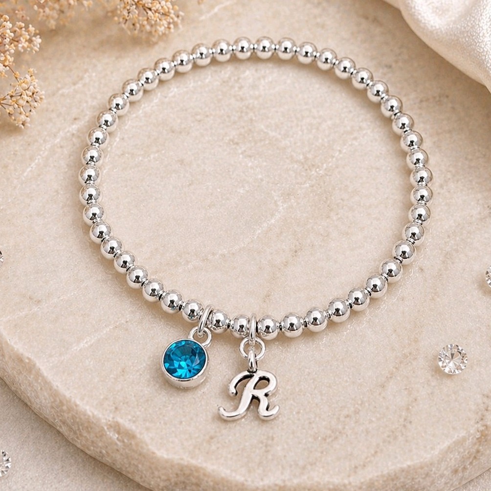 Pulsera elástica con cuentas de plata con piedra de nacimiento inicial personalizada regalo de cumpleaños