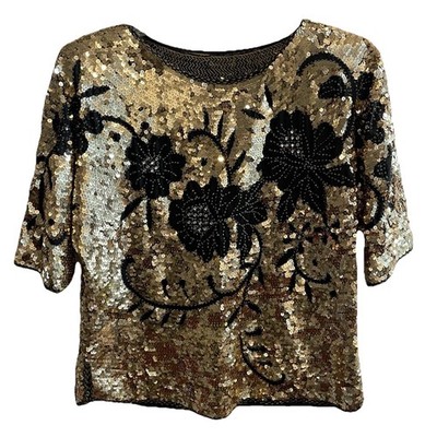 70s 80s Vintage Top Black Gold Sequins Disco Retro Art Deco M / L Women Floral