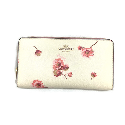 N Used Coach Round Zipper Long Wallet C4455 Ivory Pink Brand Damen Flower Desi