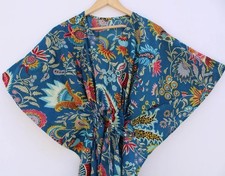 Indian Blue Mukut Print Cotton Kaftan Dress Night Maxi Dress Caftan Gown Cloth