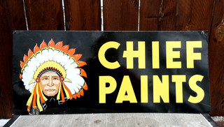 VINTAGE 1940'S CHIEF PAINTS DOUBLE SIDED 28" TIN TACKER SIGN. SUPER NICE! INDIAN