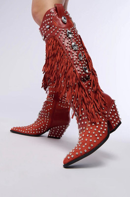 Azalea Wang Tadao red crystal fringed western boot size