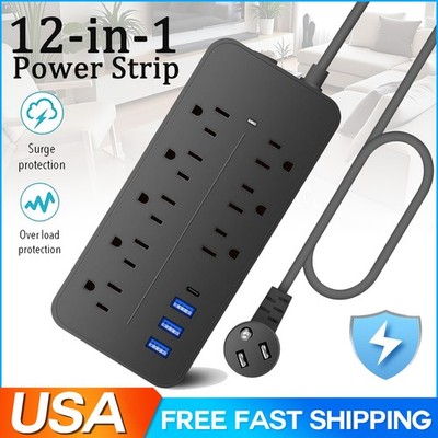 US Power Strip Surge Protector 8 AC Outlets 3 USB Ports + Type C Port 4 FT Cable