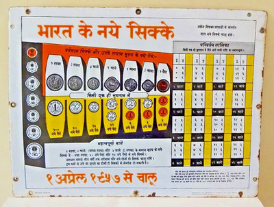 Vintage Porzellan Emaille Bharat Ke Naye Sikke 1967 Indien Münze Dezimal Tabelle