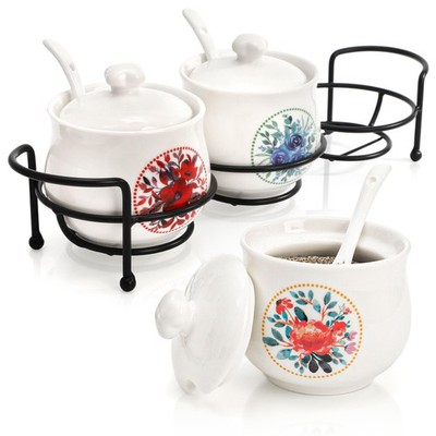 3 Pcs Ceramic Condiment Jars, 7 Oz Small Sugar Bowls with Lids Spoons and She...