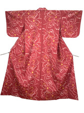 Vintage Tsumugi Silk Japan Kimono Wine Red Floral Handwoven Casual Yuki25.4in S