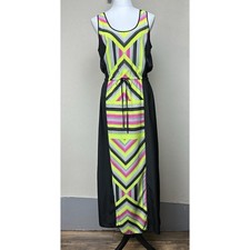 Michael Kors Maxi Black W/ Neon Geometric Design Drawstrings Stunning Dress Sz 8