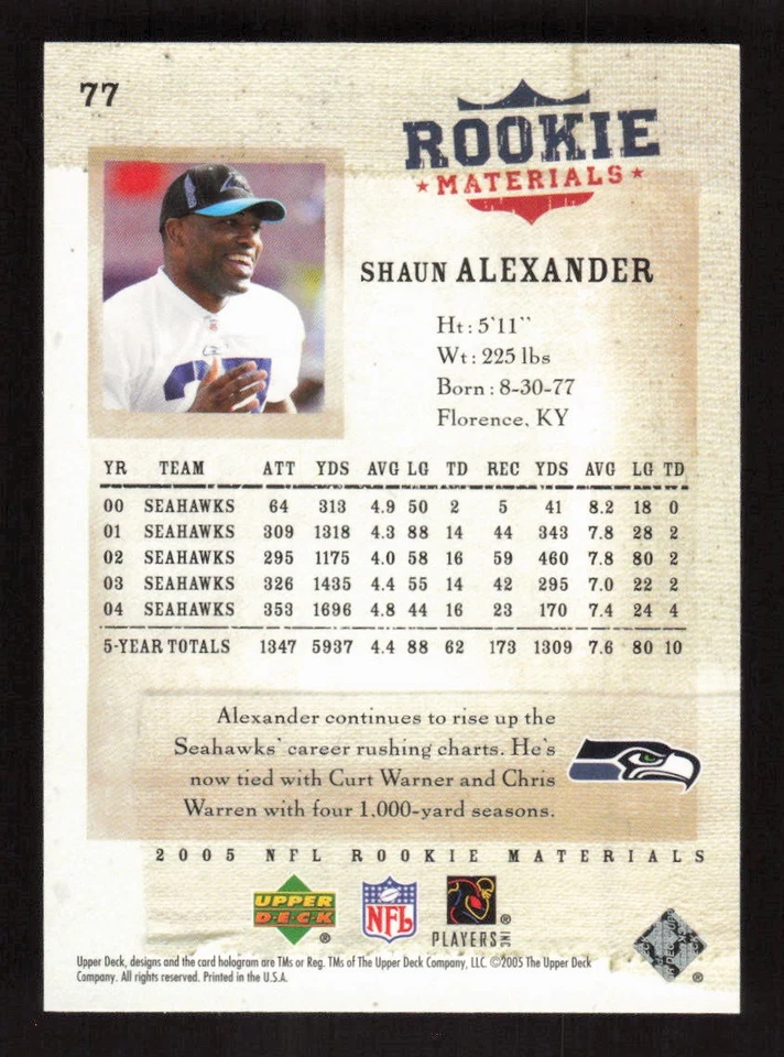 Shaun Alexander 2005 Upper Deck Rookie Materials #77 Seattle Seahawks - Image 2 of 2