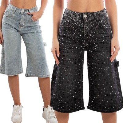 Bermuda Jeans Damen Bis Zum Knie Strass Hose Denim Hohe Taille TOOCOOL LM762