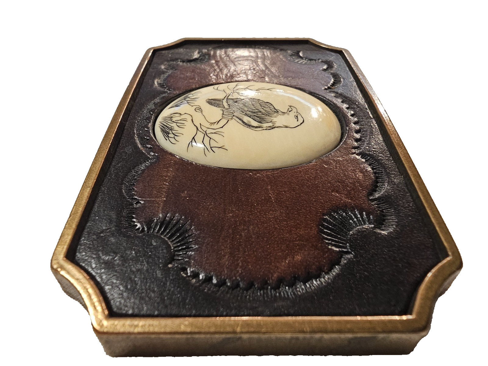 Vintage BTS Solid Brass Leather, Eagle Scrimshaw … - image 5