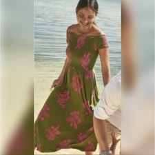 Boden Angelica Midi Dress Smocked Green Pink Floral Off Shoulder Dress