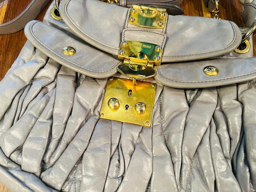 Borsa a tracolla Miu Miu Matelasse borsetta pelle lino beige USATA originale #S2278