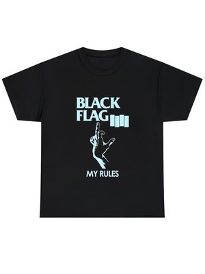 Black Flag My Rules Graphic Print Black T Shirt Punk Rock Style Casual Crew Neck