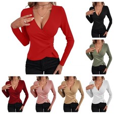 UK Ladies Low cut V-Neck Long Sleeve Wrap Tops Shirts Blouse Pullover Size 6-20
