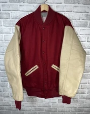 Vtg Ripon Jackets Maroon Wool & Tan Leather Varsity Letterman Jacket Sz 44 USA