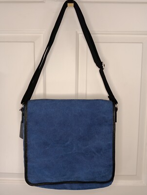 Levegner Metro Messenger Bag Men Blue Canvas Leather Trim Adjustable Strap EUC 