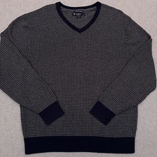 Cremieux Cotton Cashmere Houndstooth Sweater Men's Large Gray Blue V-Neck