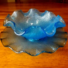 Vintage Turquoise Colony Glass Dessert Bowl Plate Set Ruffle Rim Waffle Grid MCM