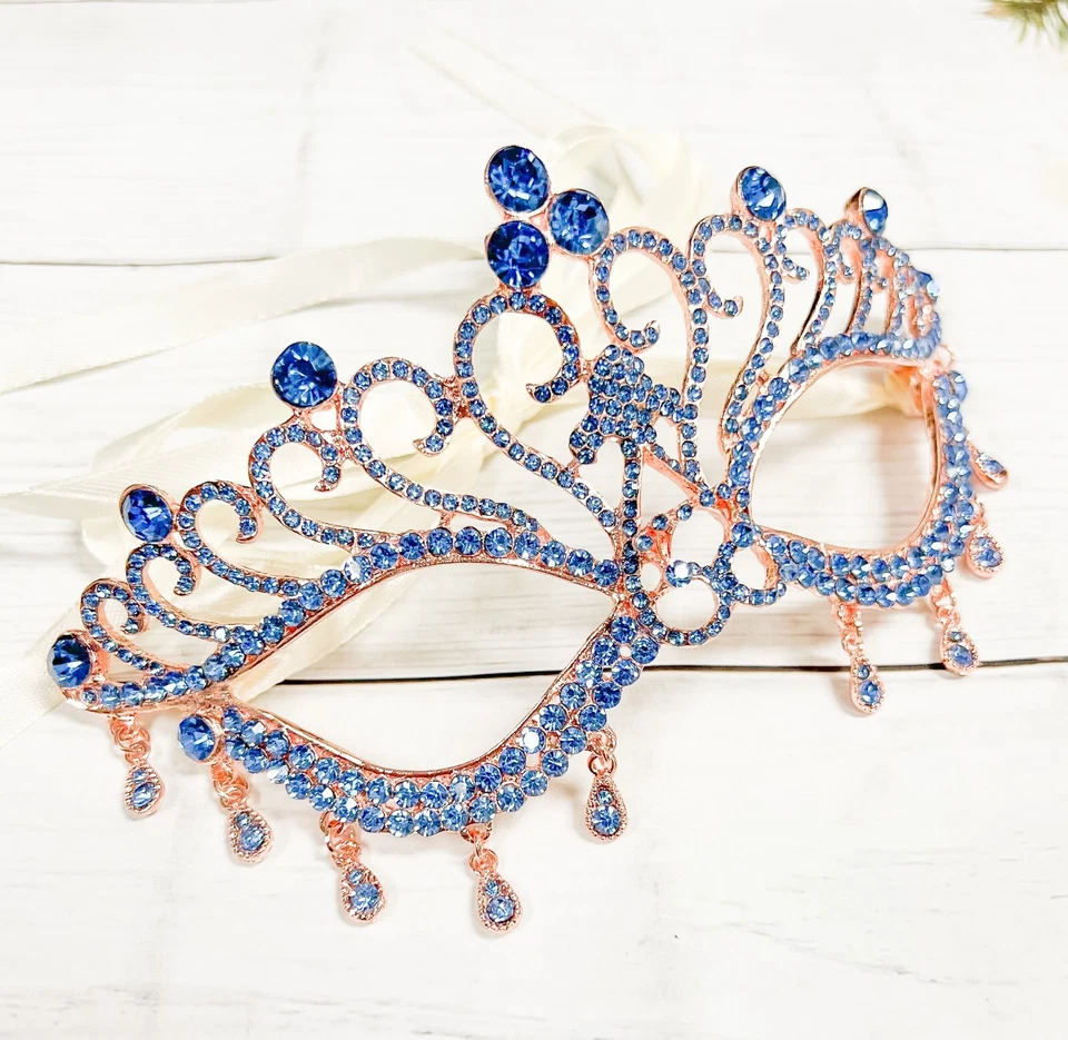 Blue Crystal Masquerade Mask, Rose Gold Mardi Gras Mask, Sapphire Teardrop Mask - Image 3 of 4