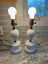 Vintage Pair Of Hobnail Milk Glass Table Lamps Works