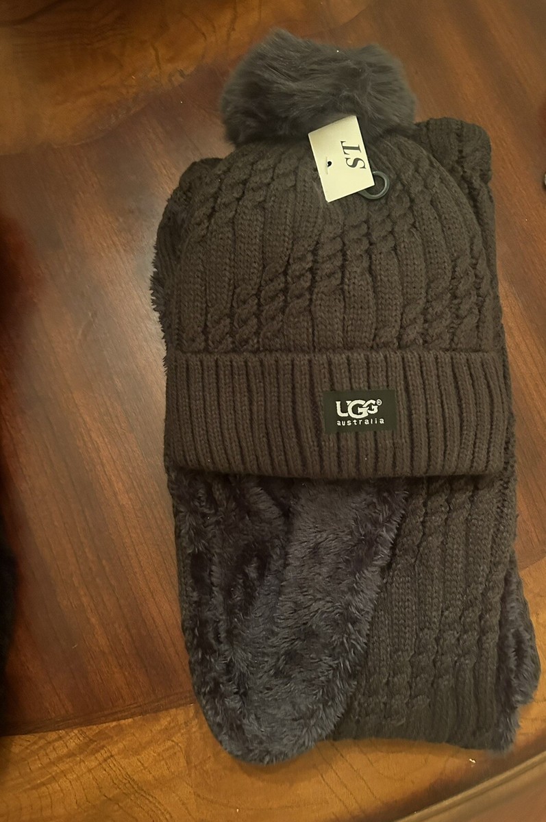 UGG イヤーマフ&マフラー　セット NWT Ugg Knit Winter Scarf & Beanie Set Black good quality for
