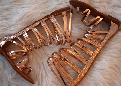 Light Gold / Rose Gold Strappy Open Toe Knee High Gladiator Sandals, US 5.5-10