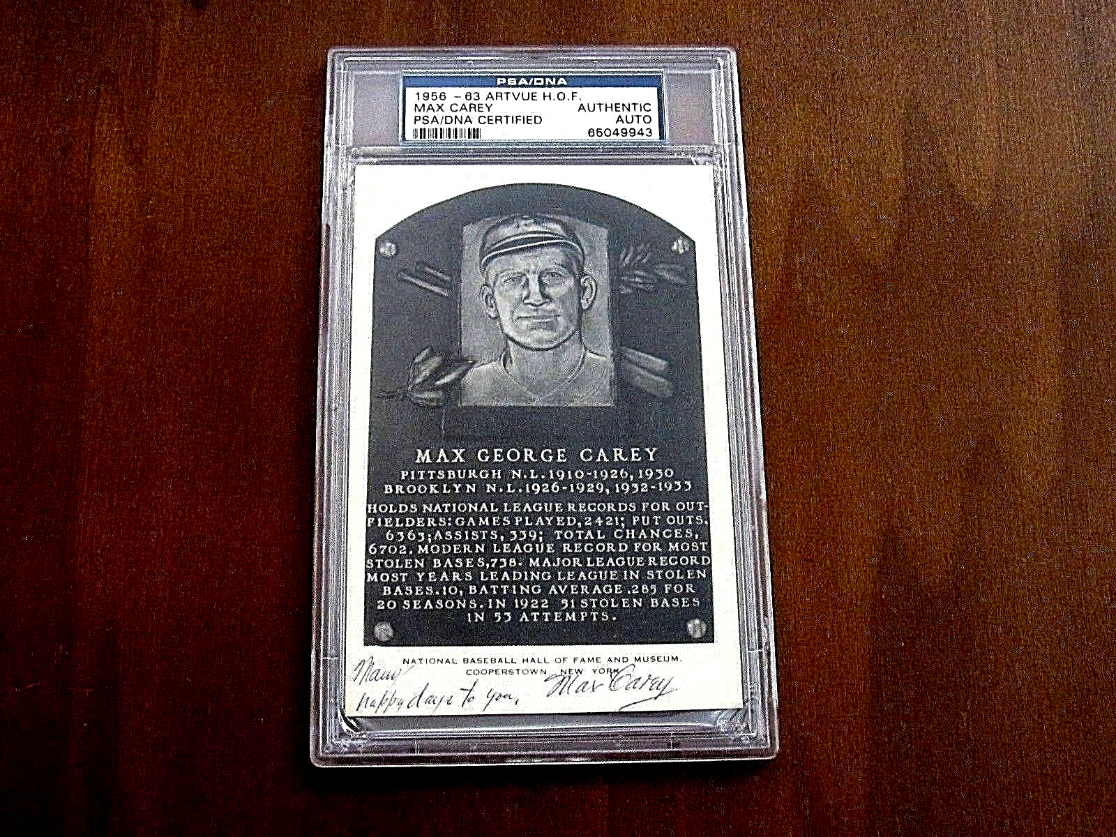 MAX CAREY 10 X N.L. Tarjeta Artvue de colección firmada por Steal Leader Hof PSA/DNA