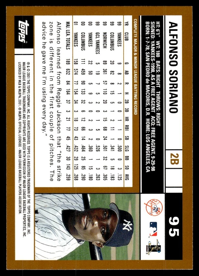 2002 Topps Baseball Card Alfonso Soriano A New York Yankees #95 - Image 2 of 2
