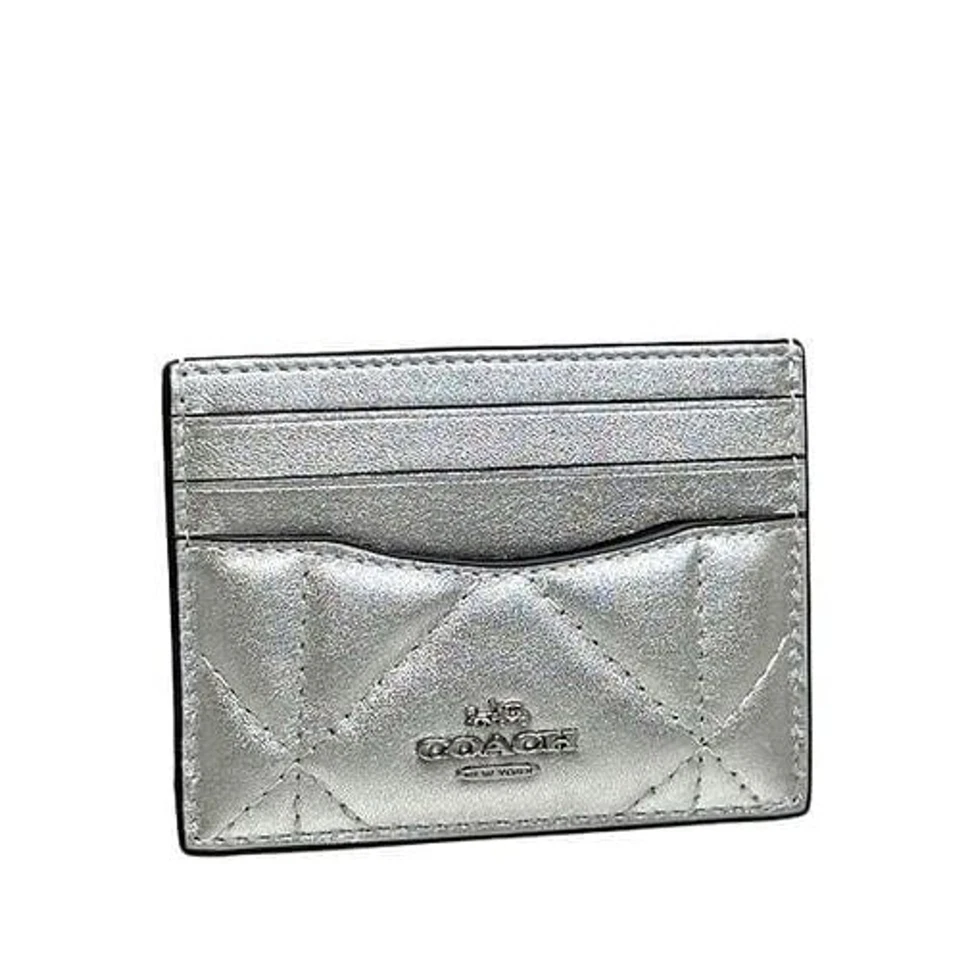 Cartera con estuche delgado para tarjetas de identificación COACH en plata metálica con acolchado de diamantes hinchados NUEVA Foto 3 de 4