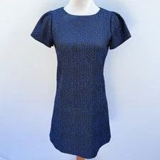 Alice + Olivia Textured Tweed A-Line Dress 6 Blue Black Chevron Career Cocktail